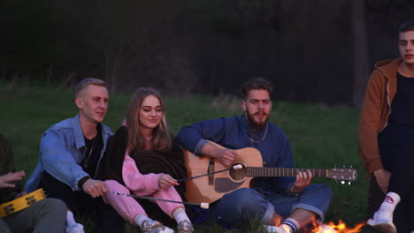 friends singing and roasting marshmallows by a campfire