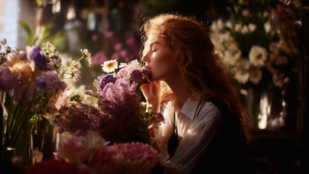 Captivating Moments: A Woman Enveloped in Floral Beauty, Experiencing the Serenity and Elegance of Nature Amidst a Vibrant Display of Colorful Blooms in a Florist's Paradise