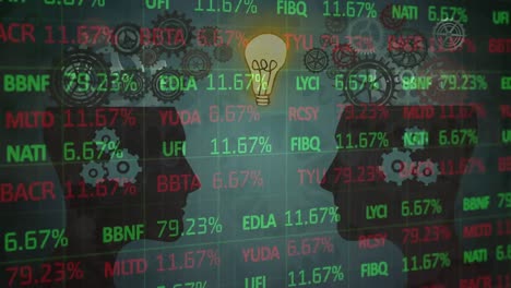 Animation-of-stock-market-data-over-gears,-heads-and-bulb
