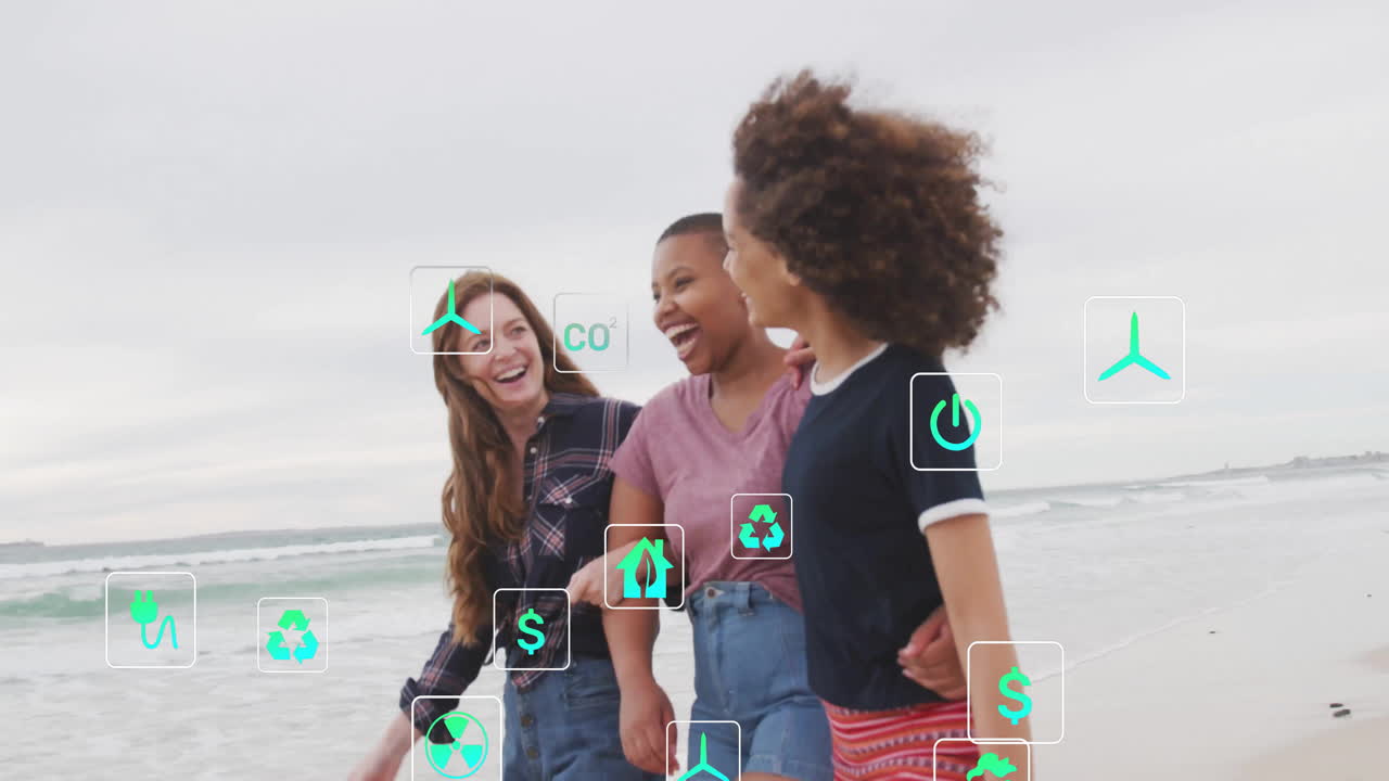 Women walking arm-in-arm on beach, showing floating recycling, renewable energy and finance icons