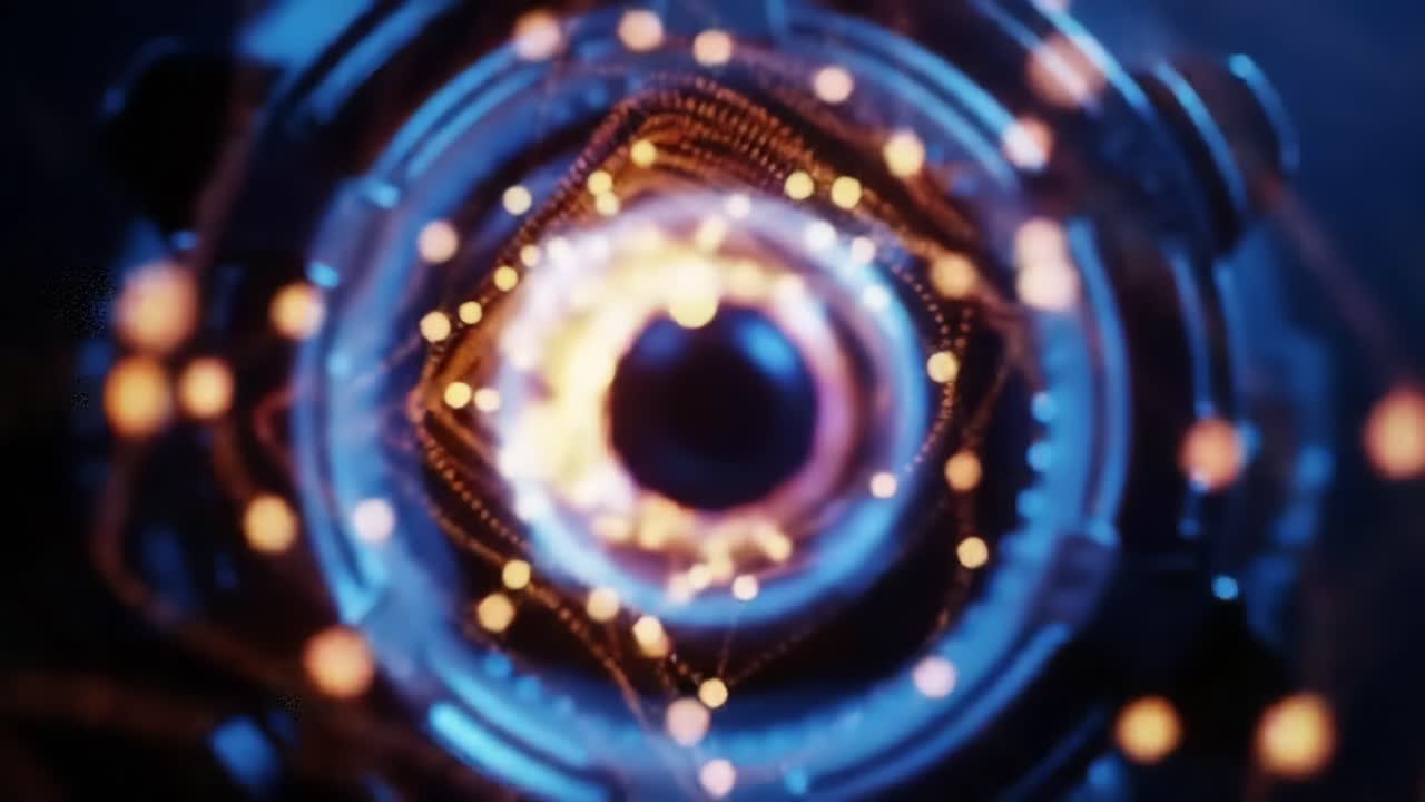 Mesmerizing Abstract Visuals of a Futuristic Energy Core Surrounded by Radiant Particles and Luminous Patterns in a Dark Environment