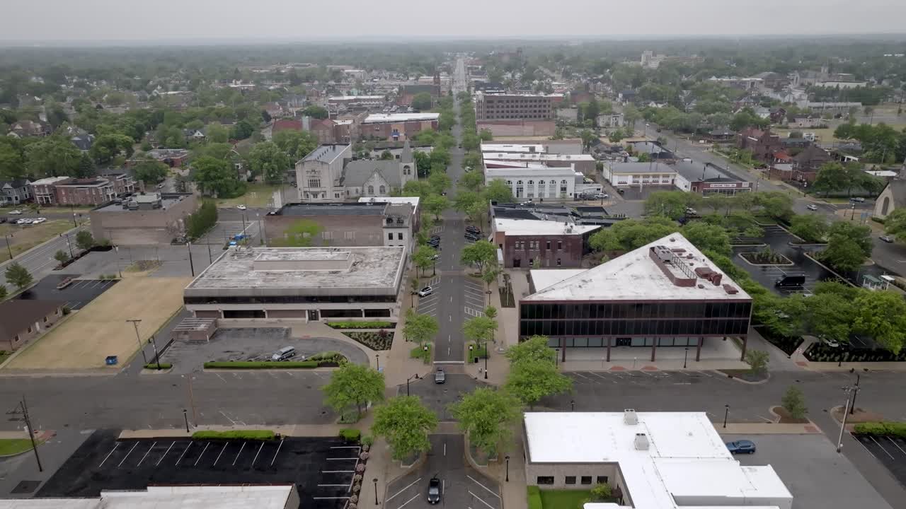Downtown Michigan City, Indiana with drone video moving in
