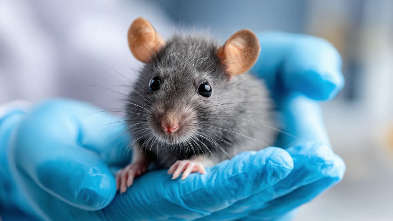 Primo piano di un topo grigio tenuto in mano con un guanto, che ne mostra le caratteristiche e la delicatezza delle cure in un ambiente di laboratorio