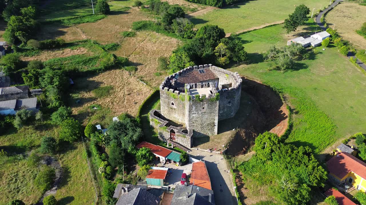 Aerial view of a medieval castle in Lugo, Galicia countryside