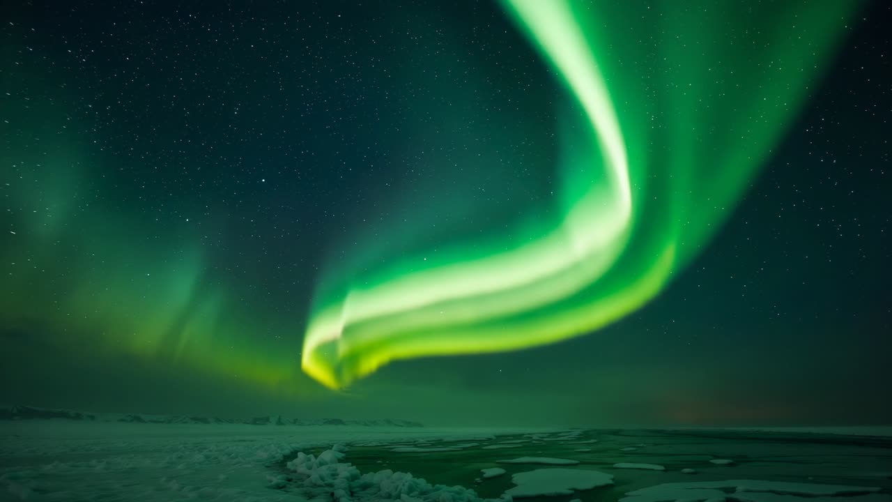 Glowing auroral ribbon starting as faint horizon arc, intensifying, sweeping over frozen coast