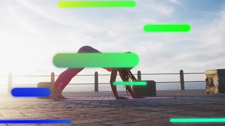 Animation of floating colourful shapes over woman exercising on promenade by the sea