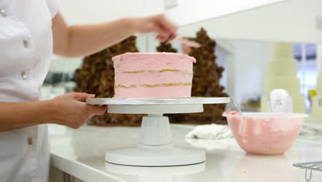 Close-Up-Of-Woman-In-Bakery-Decorating-Cake-With-Icing