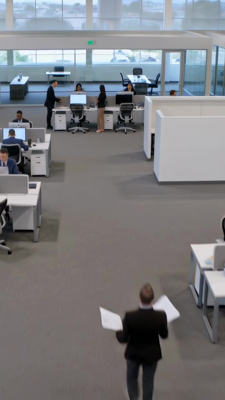 Video verticale: Uomo in abito scuro che cammina, spinto da documenti verso la reception in un ufficio open space per consegnare