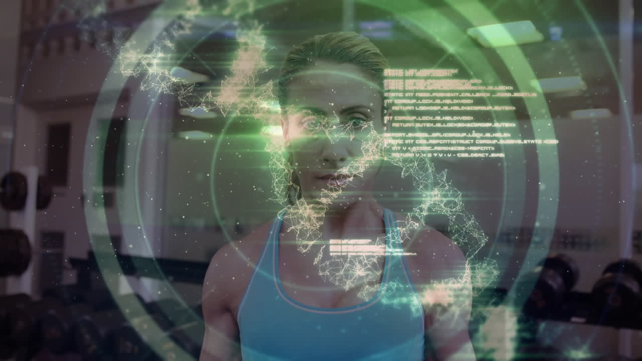 animación de la hilera de adn y procesamiento de datos sobre una mujer fuerte haciendo ejercicio