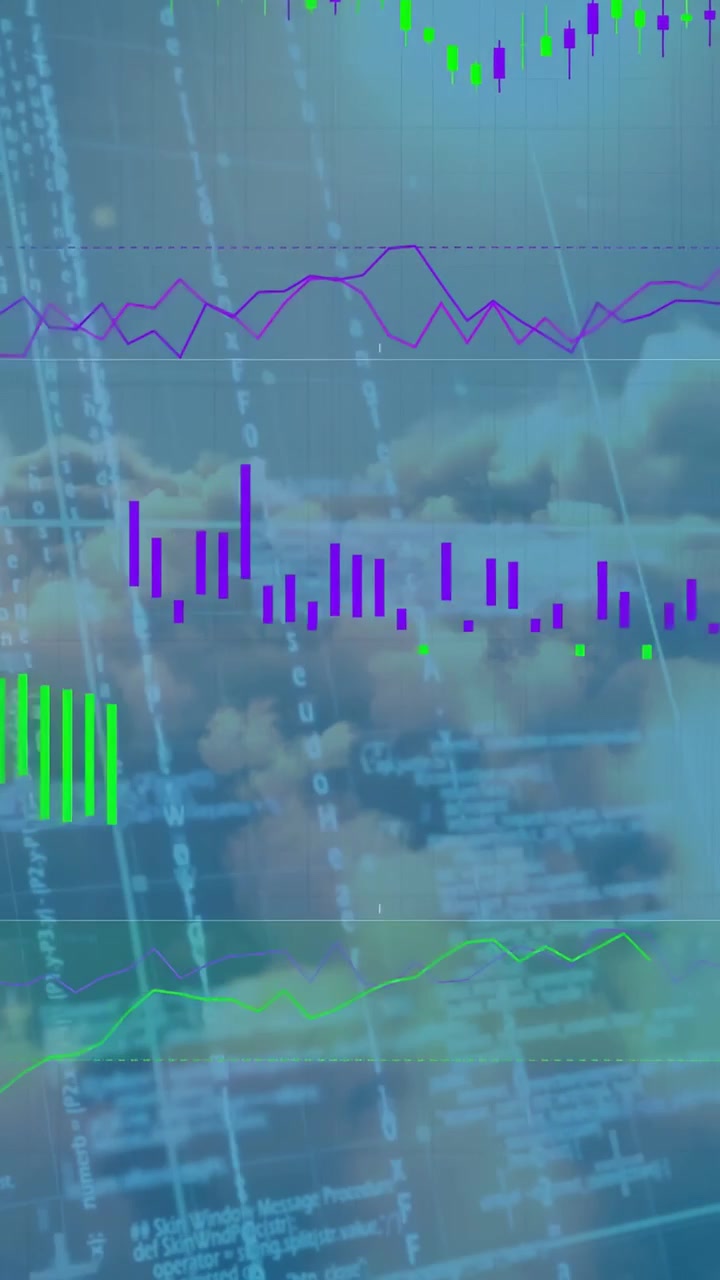 Vertical video: On code loading, data overlay animating candles, bars, lines showing market rise