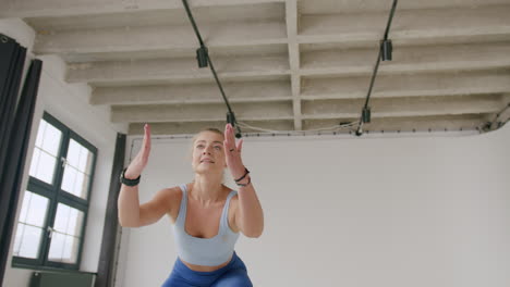 a young beautiful caucasian woman does a workout on a stepper in the fitness studio