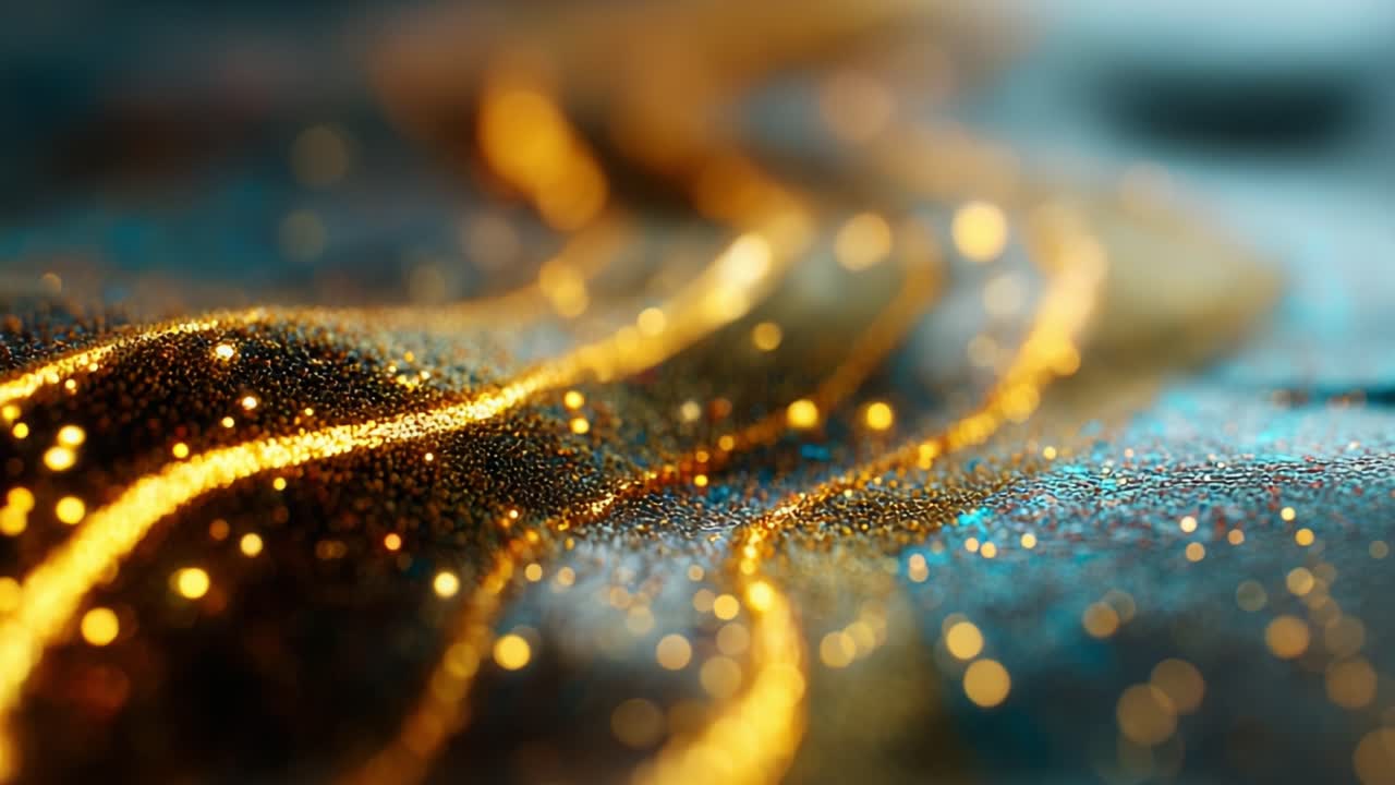 A Stunning Close-up of Shimmering Gold and Blue Patterns, Captivating the Eye with Sparkling Particles that Flow Smoothly Together, Creating an Impressive Visual Experience for Stunning Visual Art Aficionados Everywhere