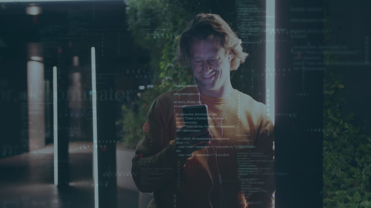 Smiling man using smartphone with digital code animation overlaying scene