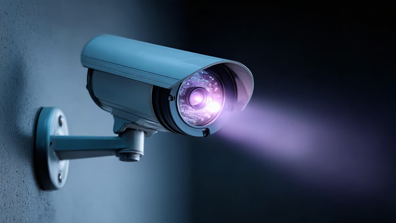 Una telecamera di sicurezza che riprende una scena illuminata con un fascio di luce focalizzato, garantendo sorveglianza e sicurezza nell'ambiente chiuso