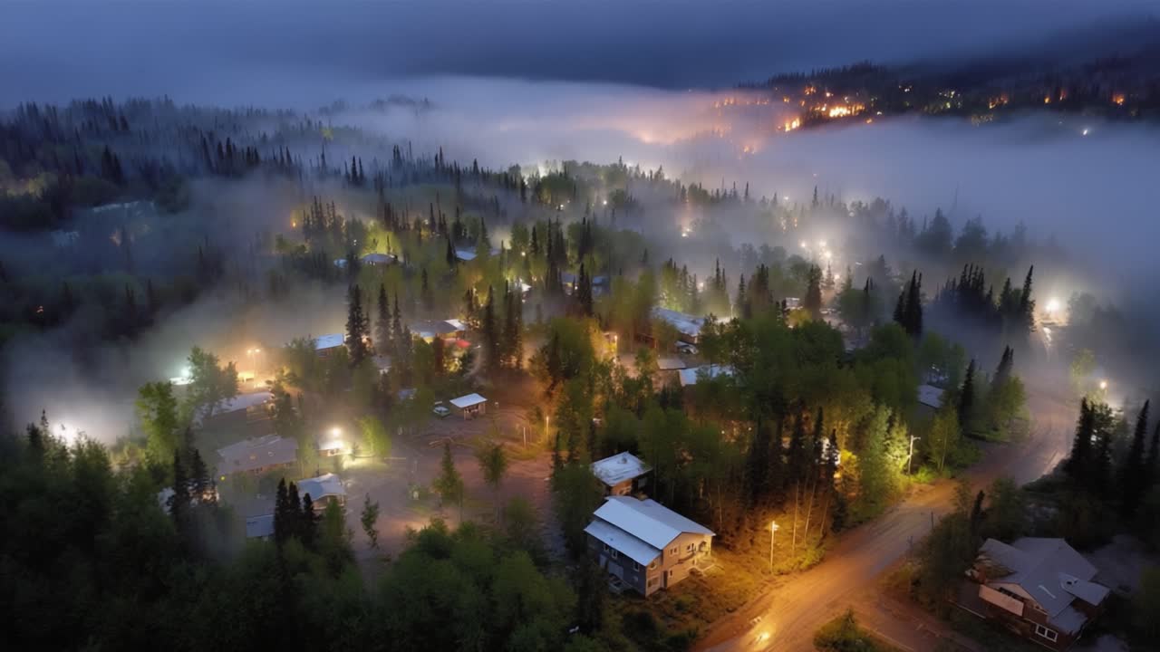 A Serene Twilight Scene: A Scenic Overview of a Small Village Embraced by Lush Greenery and Enshrouded in Mysterious Fog Under a Starlit Sky