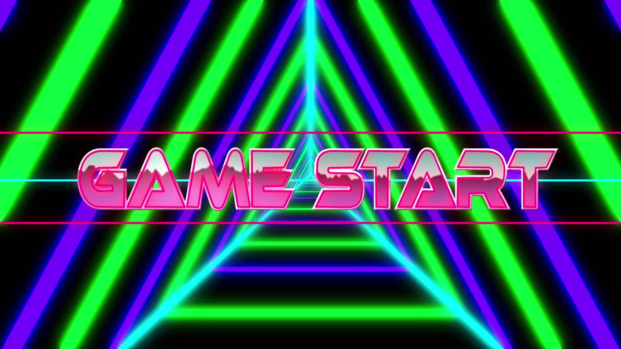 네온 선과 삼각형 패턴 위에 게임 시작 텍스트의 애니메이션