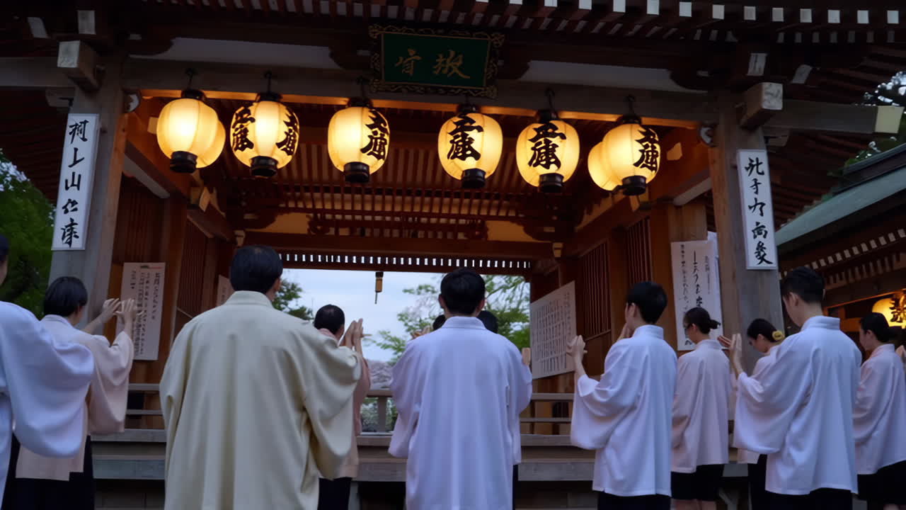 Japanese Shrine Ceremony During Cherry Blossom Season