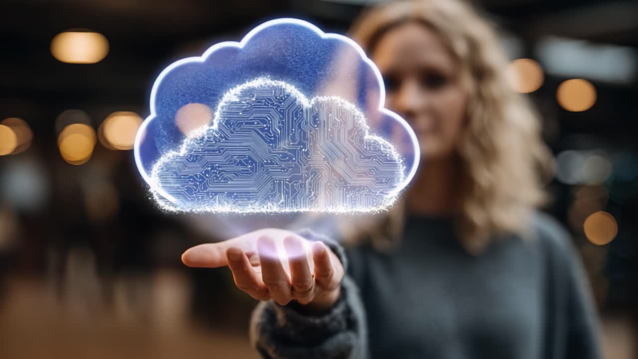 A digital representation of a cloud with circuit patterns is held in a woman's hand, symbolizing technology, connectivity, and the transformative power of cloud computing