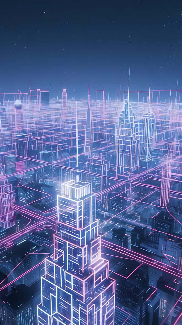 Vertical video: Starting camera lifting revealing neon-tower, pulsing neon grid under starry sky
