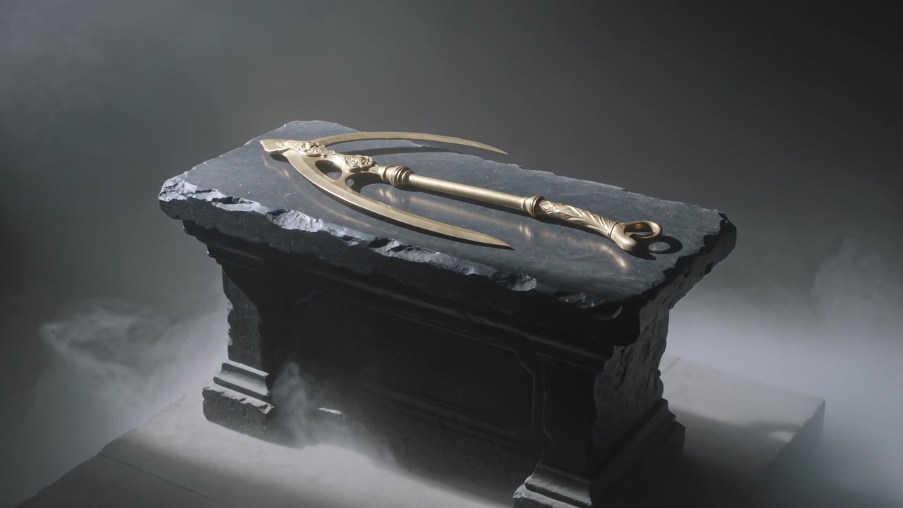 Telecamera in movimento che rivela un'arma d'oro ornata su una lastra sopra un altare in una camera fioca, con la luce che luccica.
