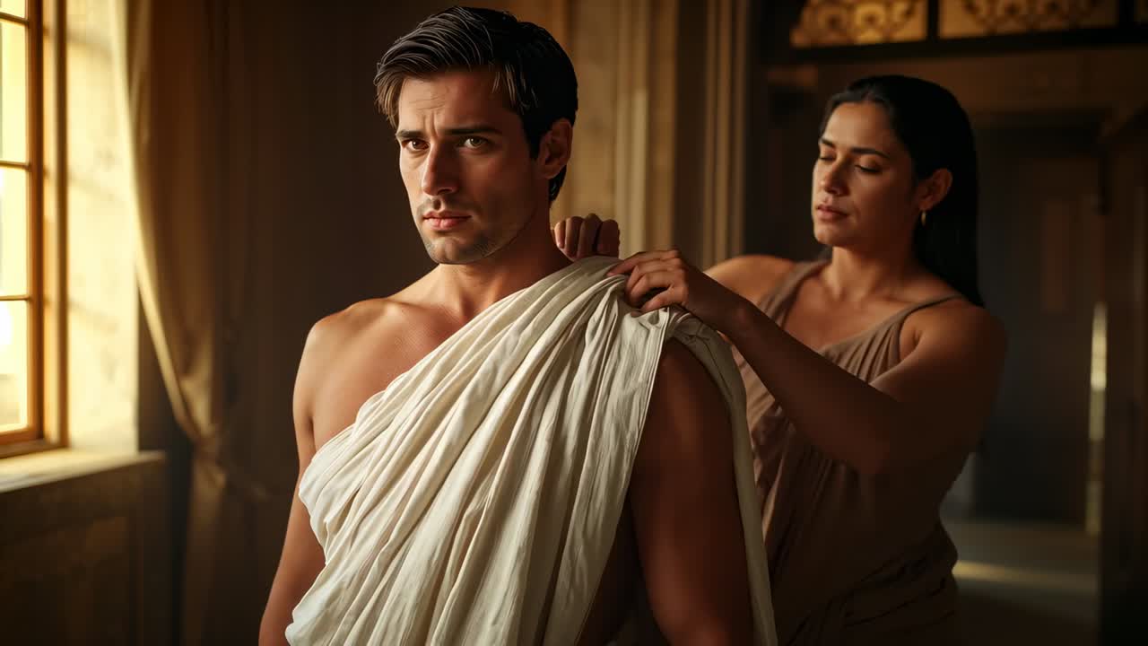 Uomo senza maglietta vicino alla finestra per un servizio fotografico, con una donna che indossa un vestito senza maniche che sistema un panno bianco su una credenza