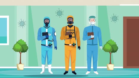 personal médico con máscaras faciales en la animación del pasillo del hospital