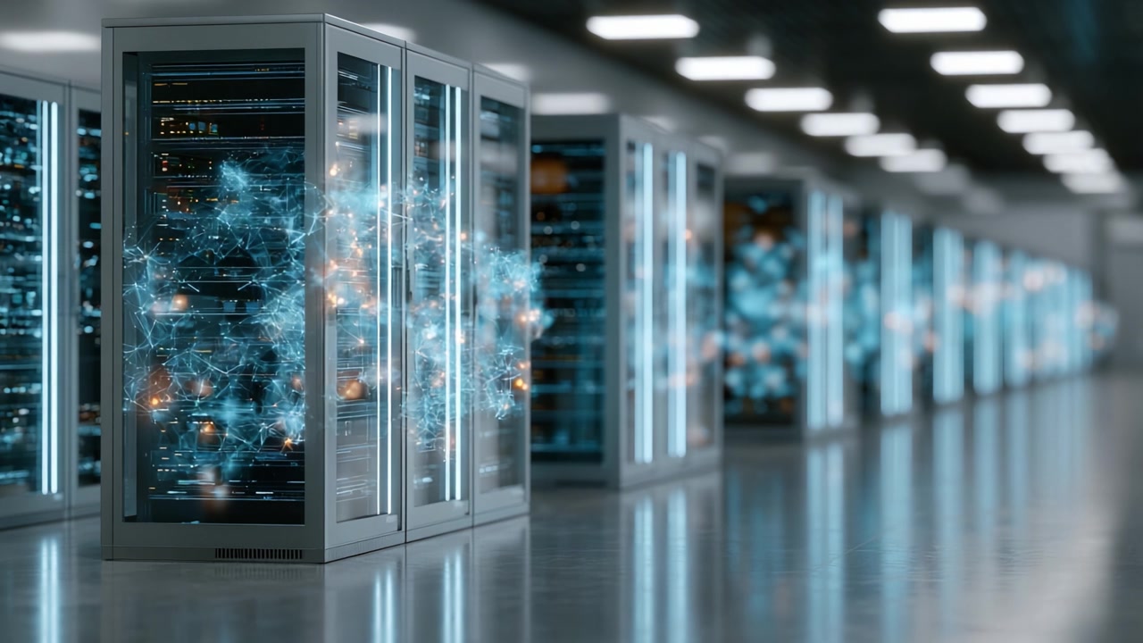 A High-Tech Data Center with Illuminated Server Racks and Digital Connections, Showcasing Advanced Computing Infrastructure and Connectivity in a Modern Facility