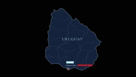 mapa estilizado azul de uruguay con la capital de montevideo y las coordenadas geográficas en fondo negro