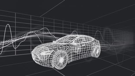 Animation-Von-Diagrammen-über-Einem-3D-Automodell,-Das-Ein-Nahtloses-Muster-In-Einem-Tunnel-Auf-Schwarzem-Hintergrund-Bewegt
