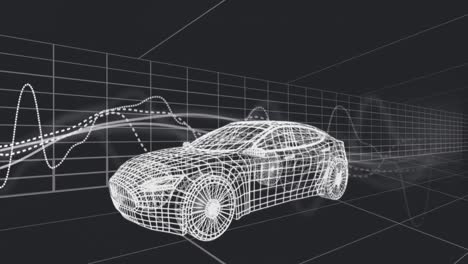 animación de gráficos sobre modelo de coche 3d moviéndose con un patrón sin costuras en un túnel sobre fondo negro.