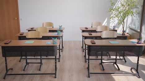 a school office during a pandemic with masks and social distance. the school is preparing to work in the mode of a coronavirus pandemic and epidemic. the interior of the school classroom