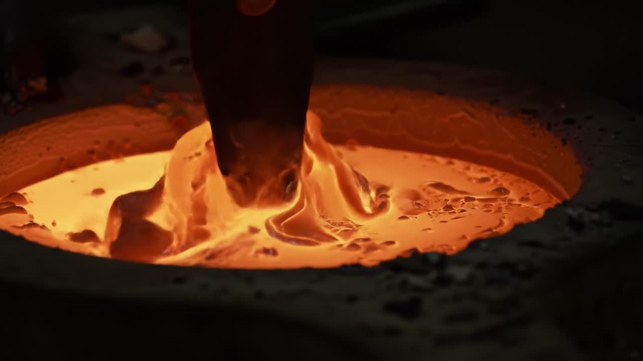 Captivating Process of Molten Metal Pouring: A Glimpse into the Art of Metalworking and Foundry with Flames and Vibrant Colors