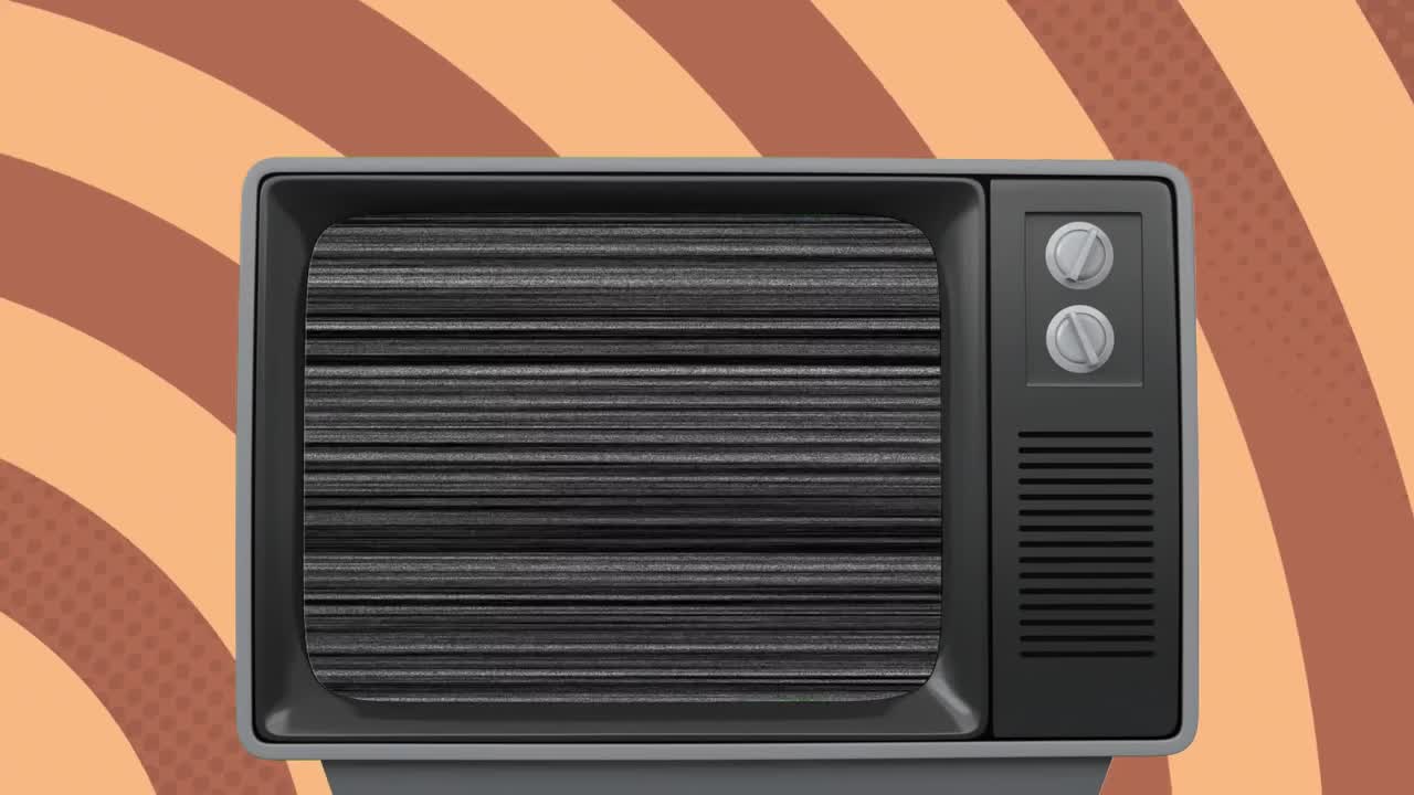 빈티지 텔레비전 세트의 화면의 애니메이션으로 회색 줄무 ⁇ 가 끊임없는 루프로 표시됩니다.