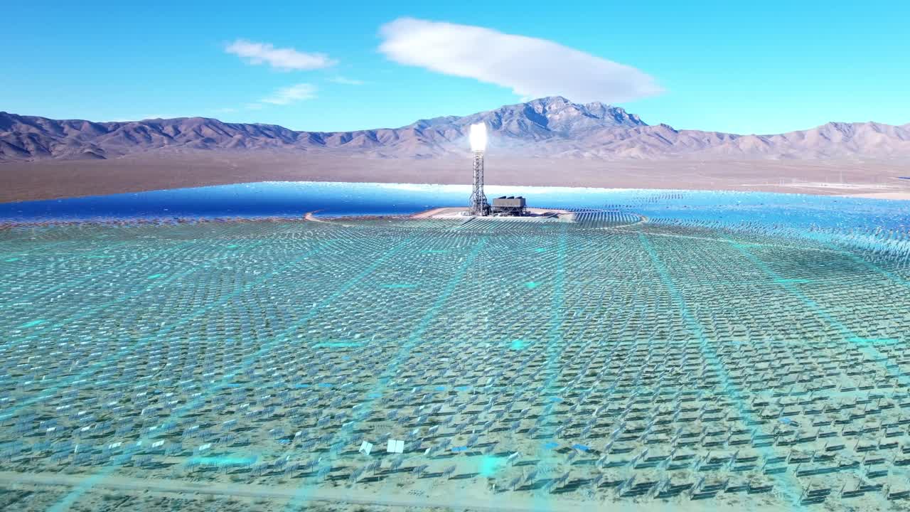 태양광 발전 시설의 헬리오스타트를 통해 이동하는 태양광 에너지 - cgi 오버레이