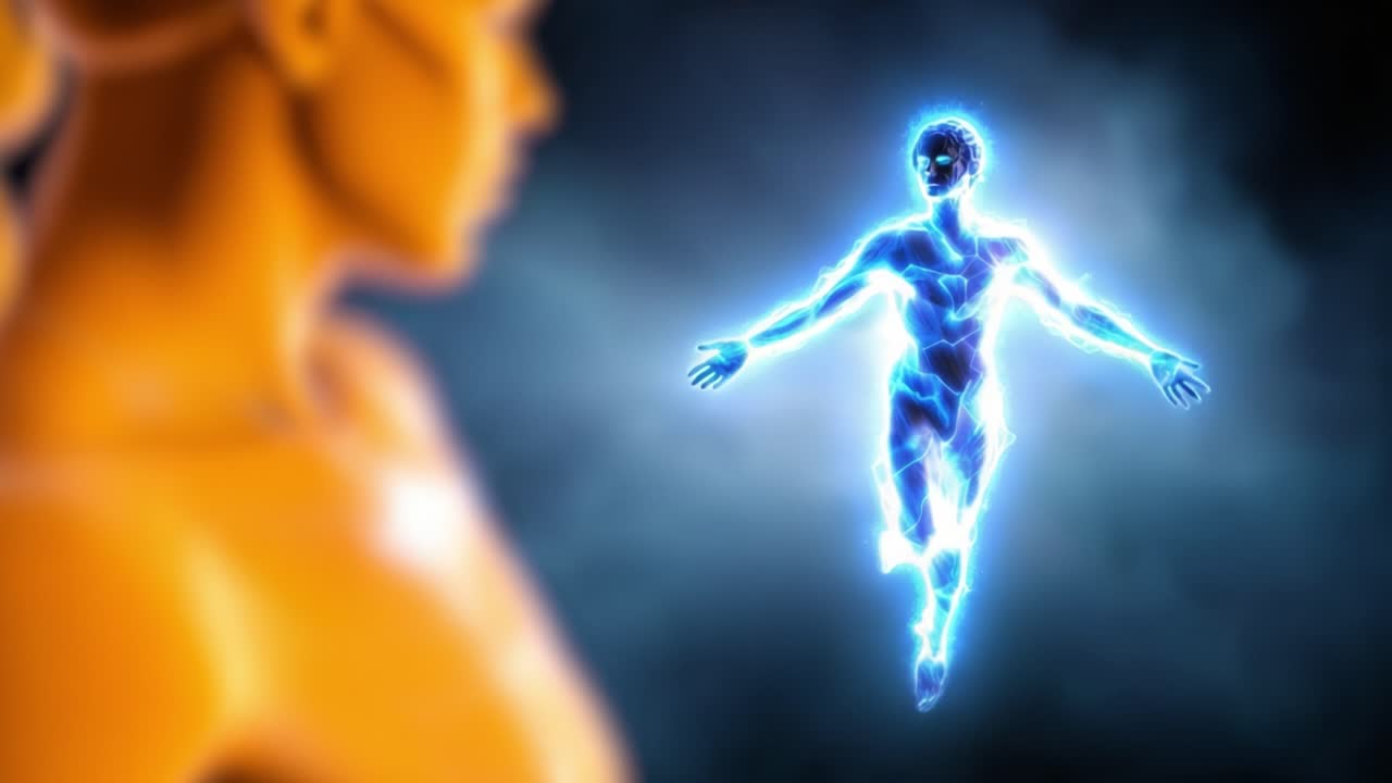 Una figura luminosa y etérea, compuesta de energía eléctrica, flota grácilmente en una atmósfera mística, rodeada por una neblina que realza su impresionante atractivo visual.