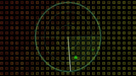 circular radar animation over hexagonal pattern with green and red hues