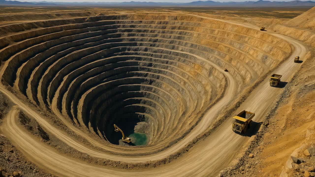 Aerial view of a vast open-pit mine with terraced layers and large trucks