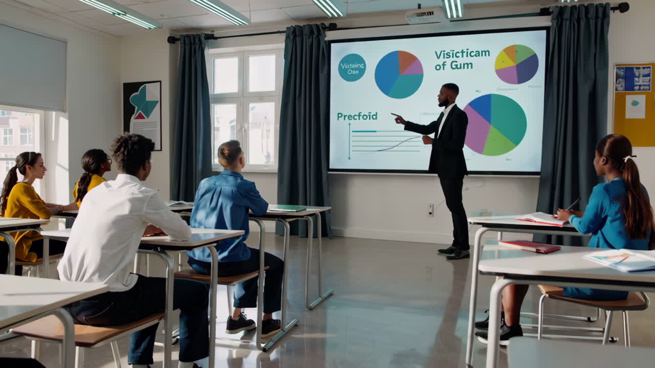 Teacher presenting to a diverse classroom