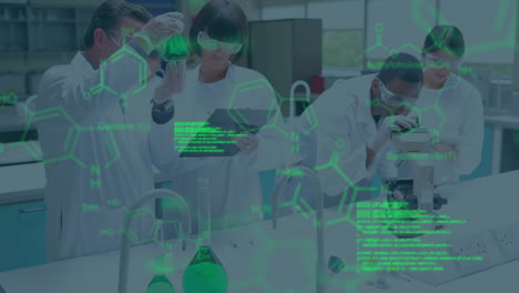 animación del procesamiento de datos científicos sobre diversos científicos en el laboratorio