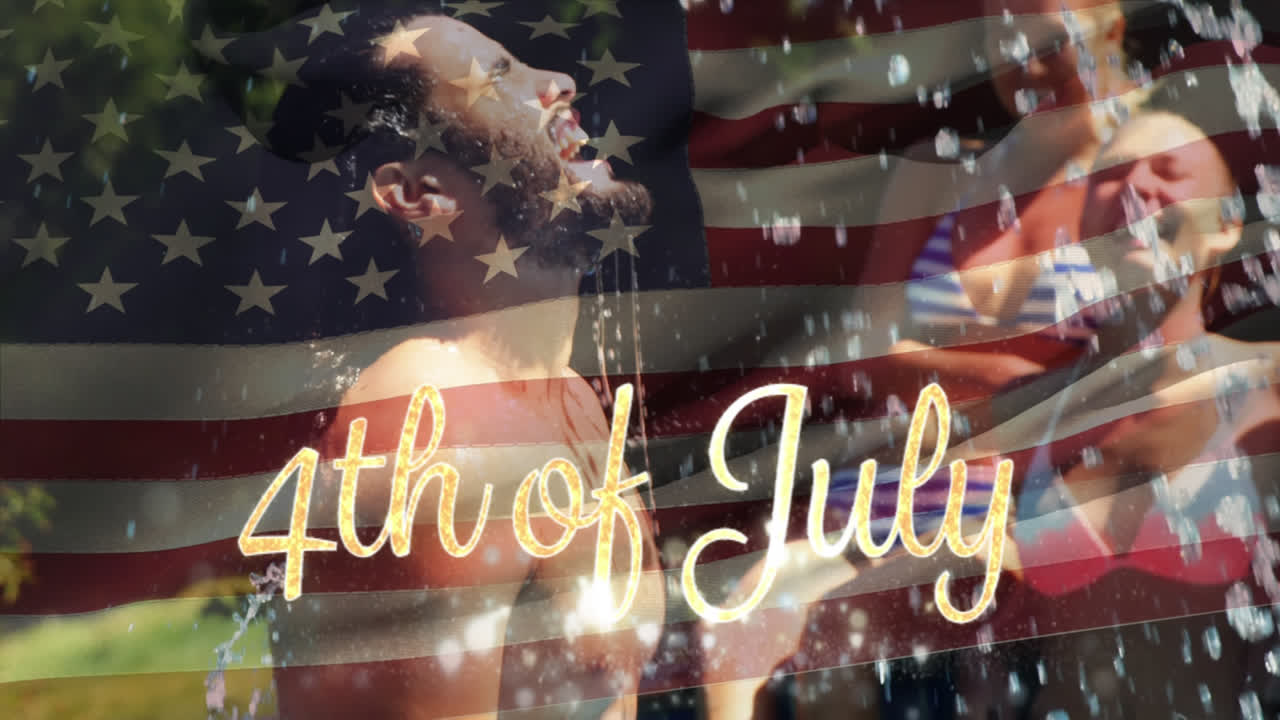 4th of July text with an American flag and a group of people in a pool
