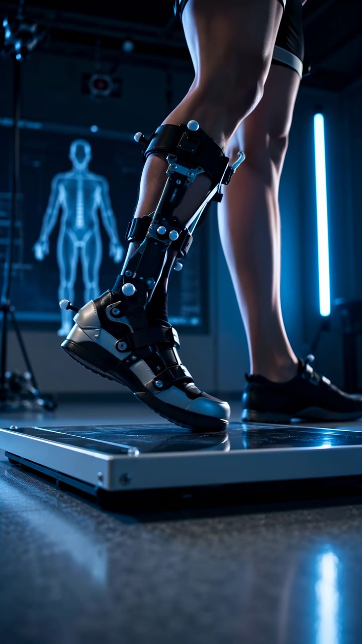 Close-up three-quarter side view of lower leg in articulated exoskeleton brace and sensorized shoe pressing forefoot onto metal platform, heel raised, in cool blue clinical test setting