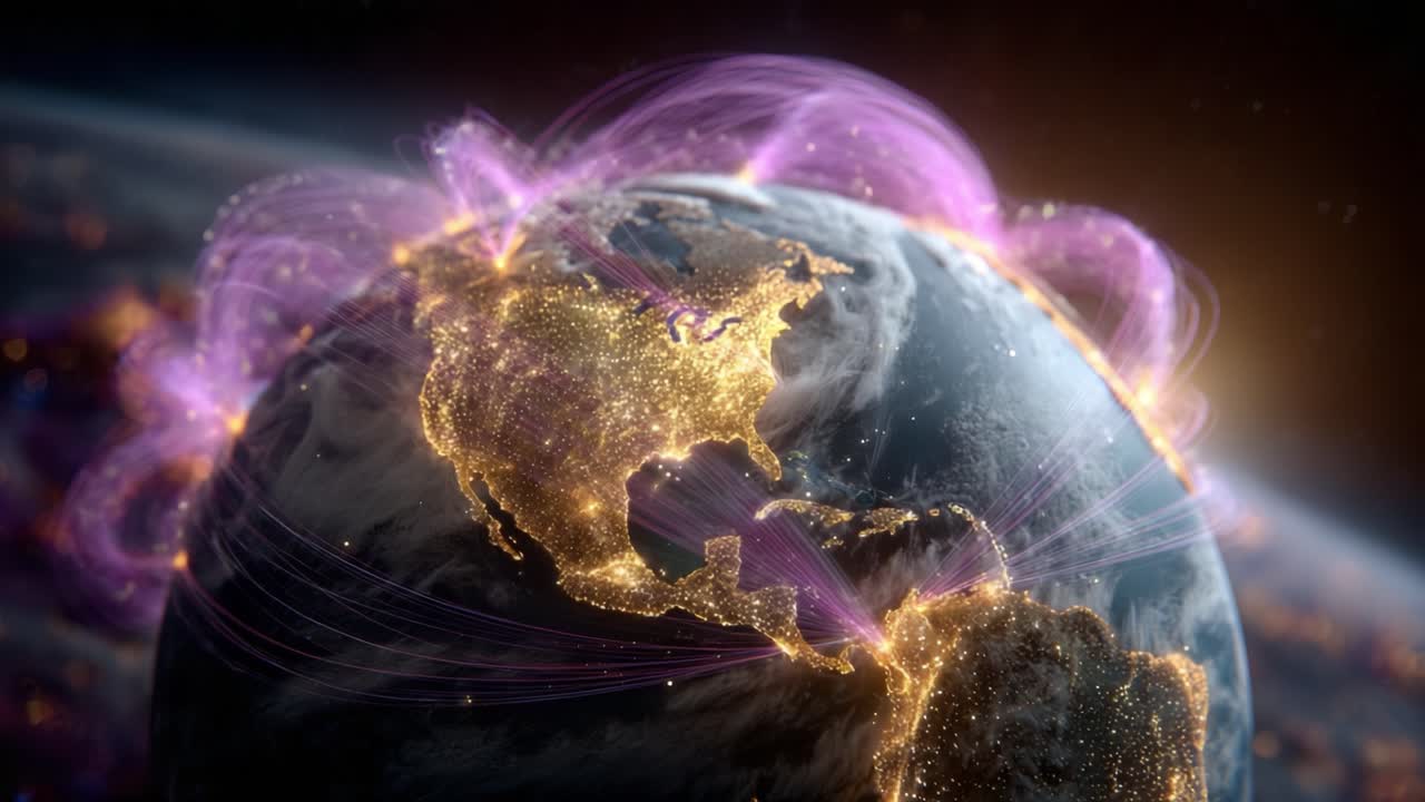 A Stunning Visualization of an Illuminated Earth Highlighting Connectivity and Technology with Radiant Energy Flows and Vibrant Lights Across the Continents