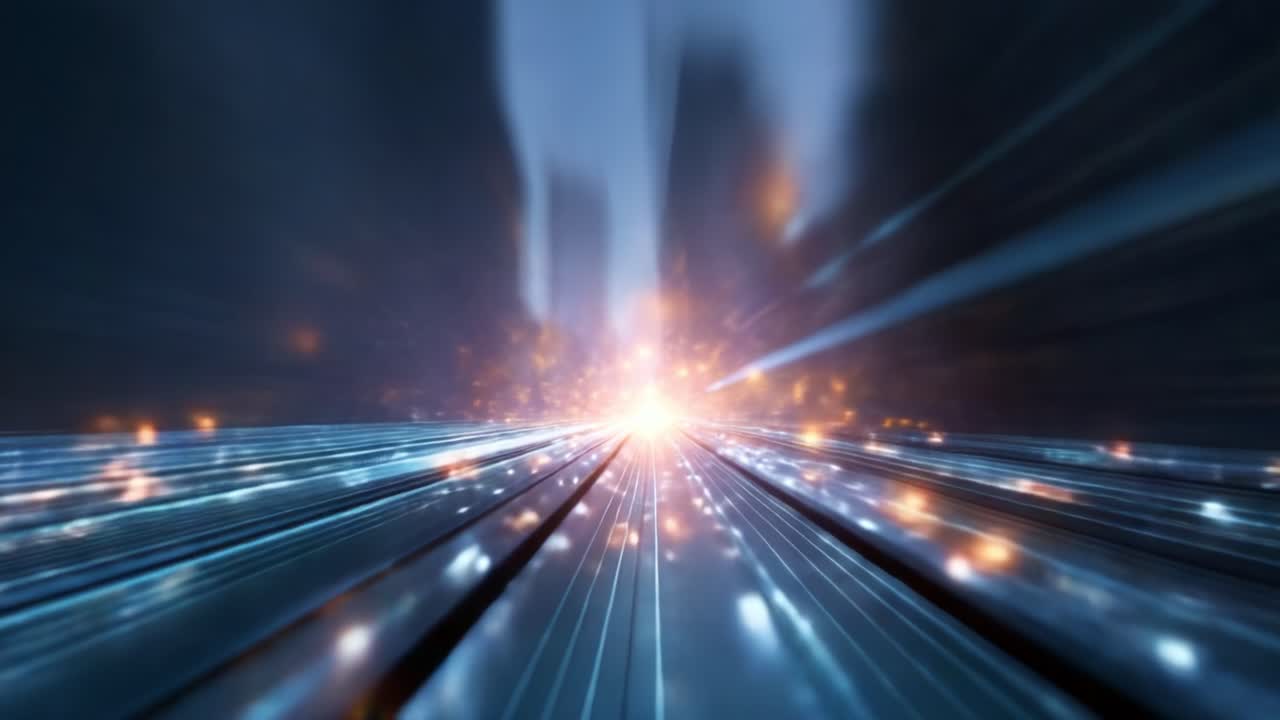 Viaggio dinamico attraverso un paesaggio urbano futuristico, che cattura l'essenza di velocità, energia e luce mentre la camera zooma in avanti verso un orizzonte radioso