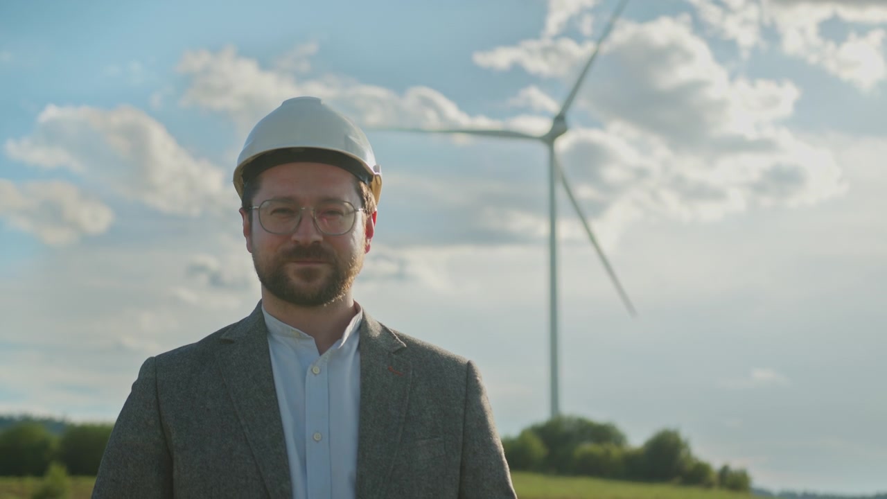 Selvsikker ingeniør i hat og jakkesæt står på mark med vindmøller under overskyet himmel.
