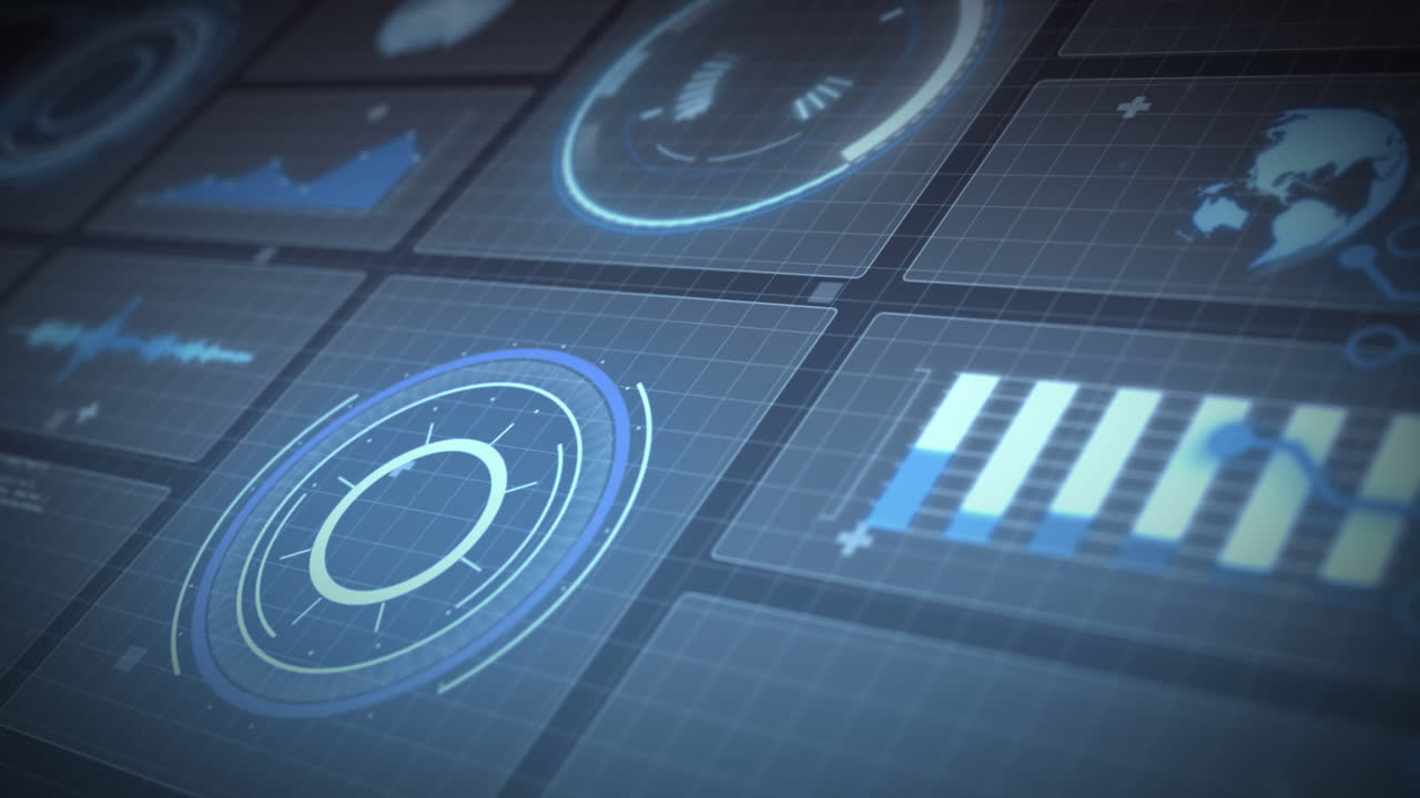 Animation of statistics recording and scopes scanning on screens over grid
