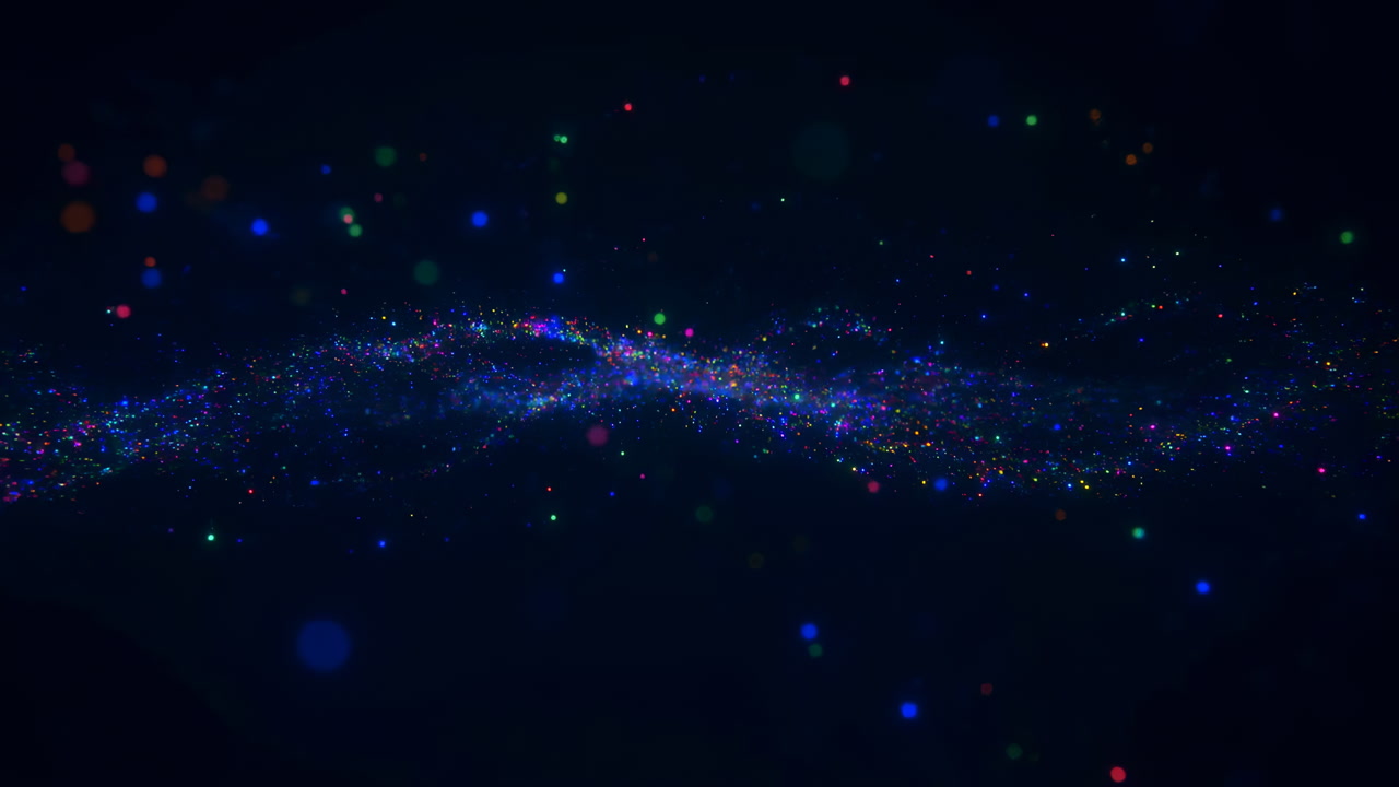 Colorful Particle Wave Across Dark Background, Shimmering Multicolor Bokeh, Undulating Nebula Ribbon, Slow