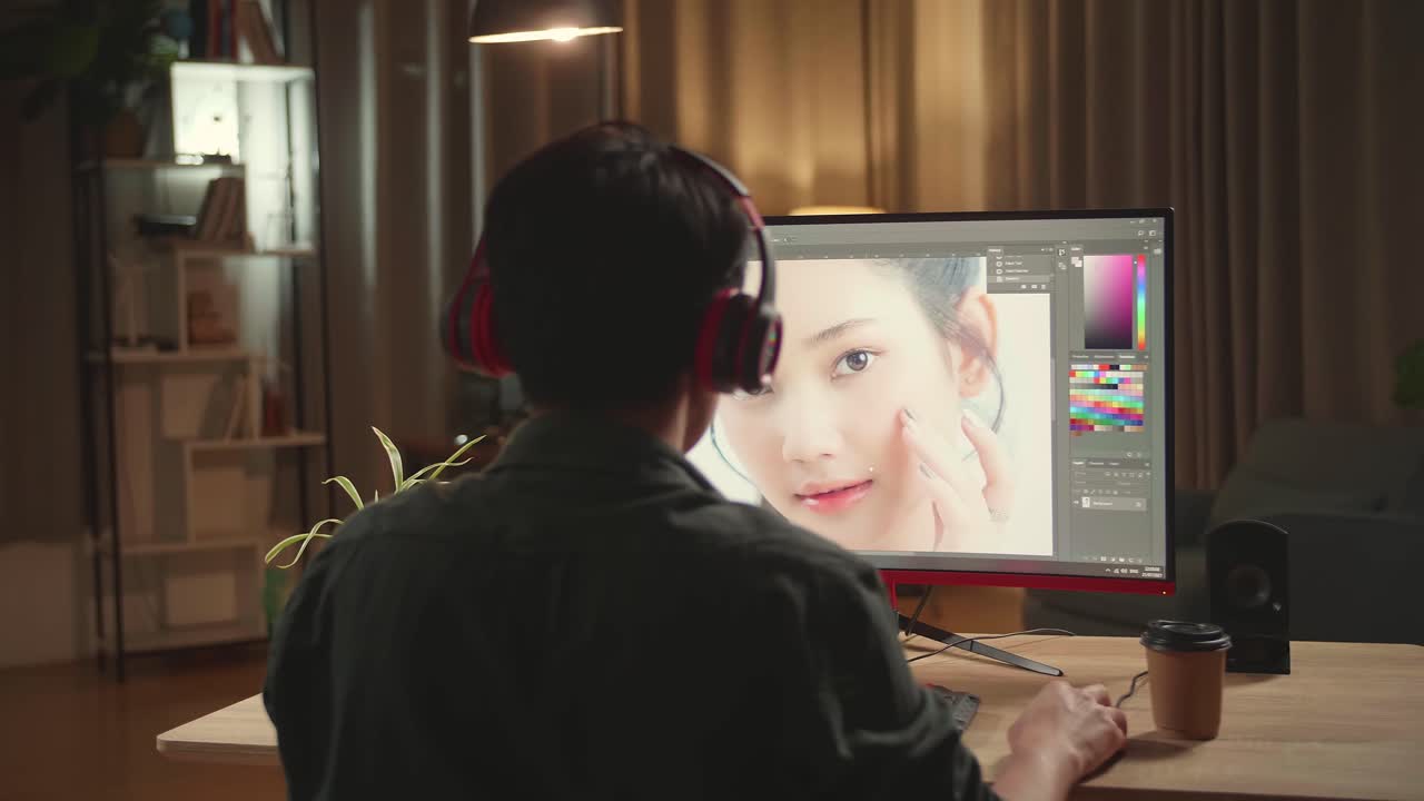 Asian Male Digital Editor Works In Photo Editing Software On His Personal Computer With Big Display, He Works At Night