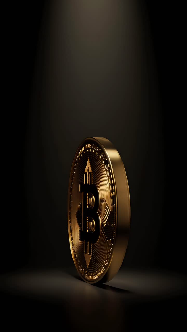 Animazione rotante di Bitcoin dorato su sfondo scuro, criptovaluta cinematografica 4K.