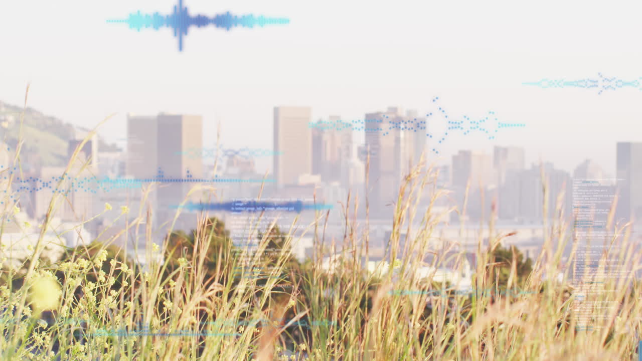 도시 풍경의 공중 전망에 대한 데이터 처리 애니메이션