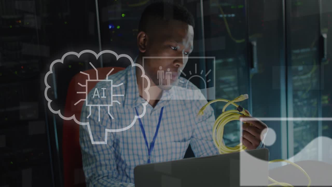 Animation of ai text, icons and african american it engineer and computer servers